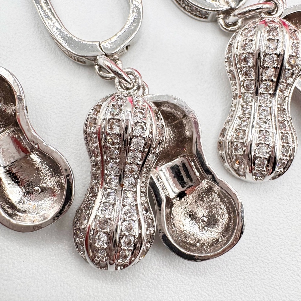 Peanut Earrings And Matching Peanut Pendant Silver Tone Stamped 925 Rhinestones - Picture 4 of 14